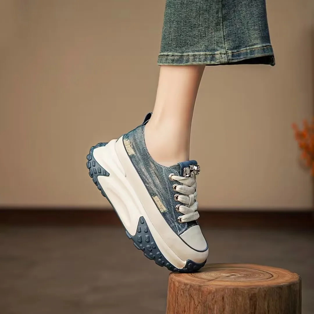 Casual 6cm Height Increasing Women\'s Shoes 2023 Autumn New Fashion Versatile Denim Vintage Genuine Leather Elevated Sports Shoes