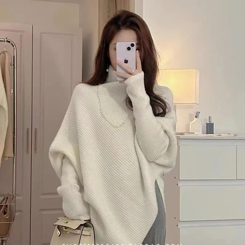 

Женский кашемировый свитер с высоким воротником, нерегулярный свободный вязаный топ, толстый ленивый ветер, дизайн на осень, модный теплый трикотаж