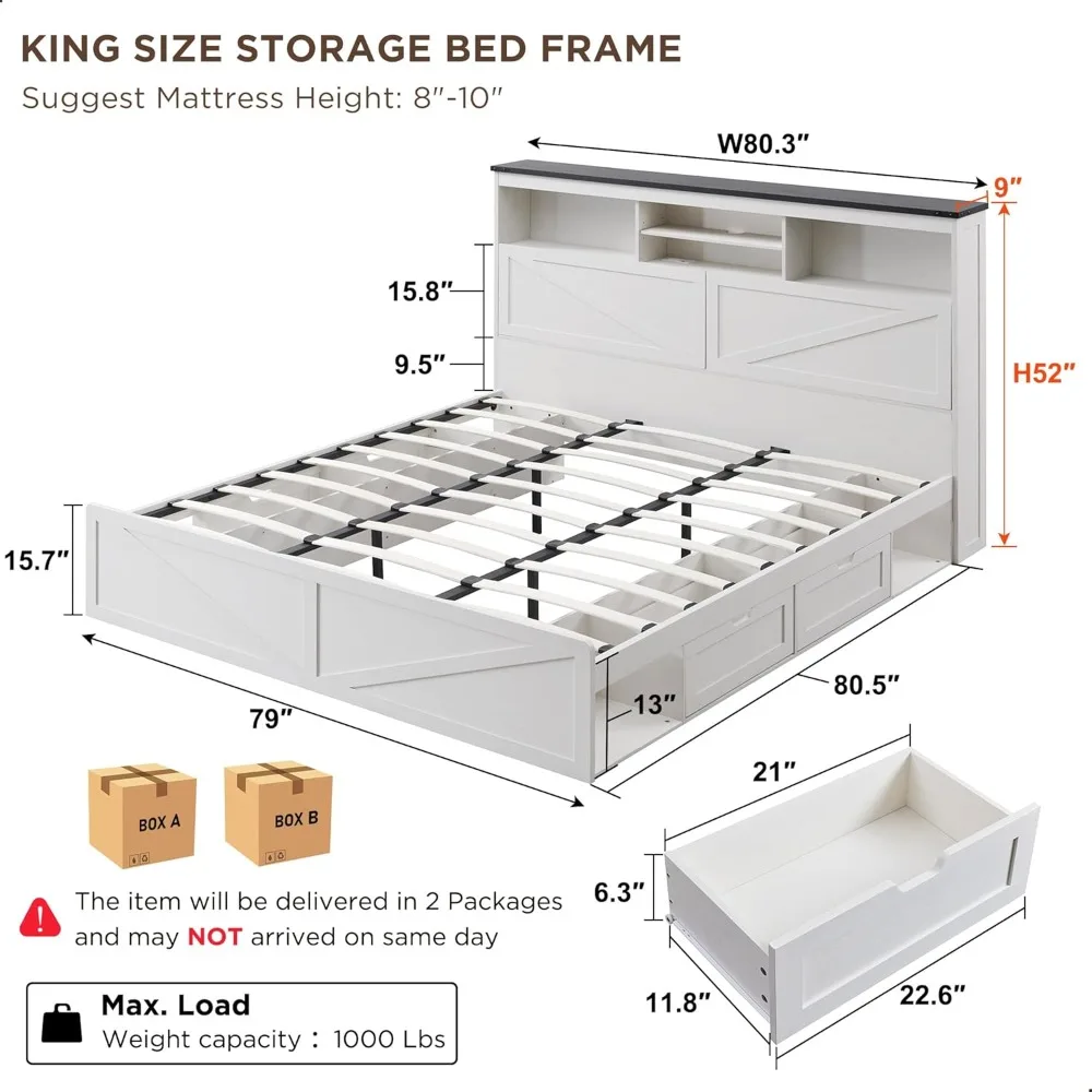 King Size Wood Bed Frame Farmhouse with 52