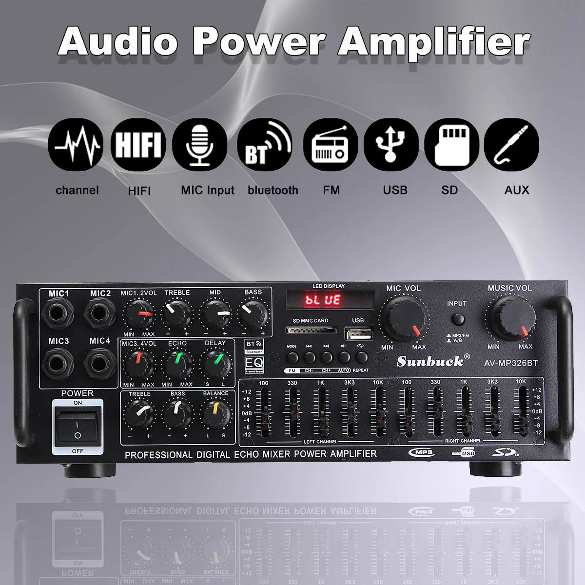 8000W Bluetooth-Verstärker 110/220V Audio-Stereo-Digital-Verstärker mit USB-, SD-, FM-, DVD-, AUX-Unterstützung, 4-Wege-Mikrofoneingang und Fernbedienung – Detail 3