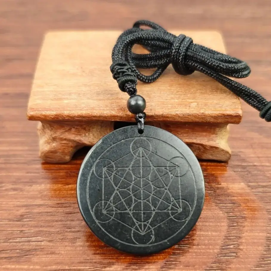 Natural Black Shungite EMF Protection Handmade Men's Round Black Runes Crystala Gift