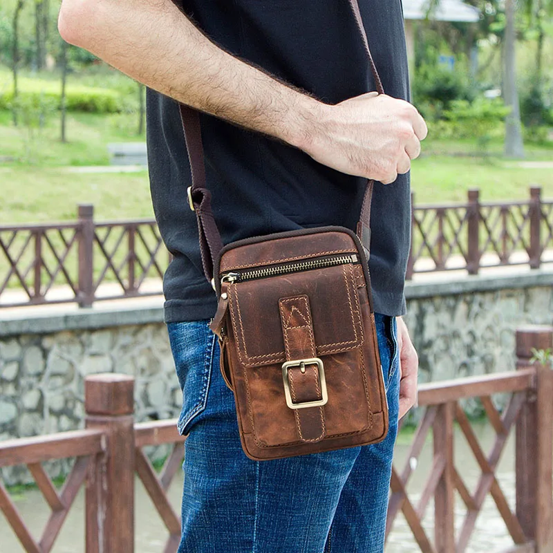 

Vintage Waist Packs Adjustable Strap Cowhide Genuine Leather Small Purse Crossbody Shoulder Bag Buckle Zipper Closure Phone Bags