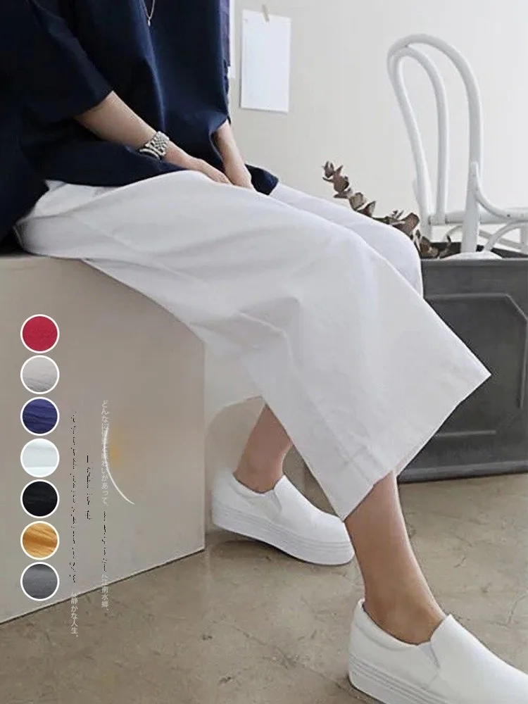 Loose Wide Leg Cotton Linen Casual Straight Leg High Waist Nine Points Pants Women's plus Size Artistic Style Spring Commute