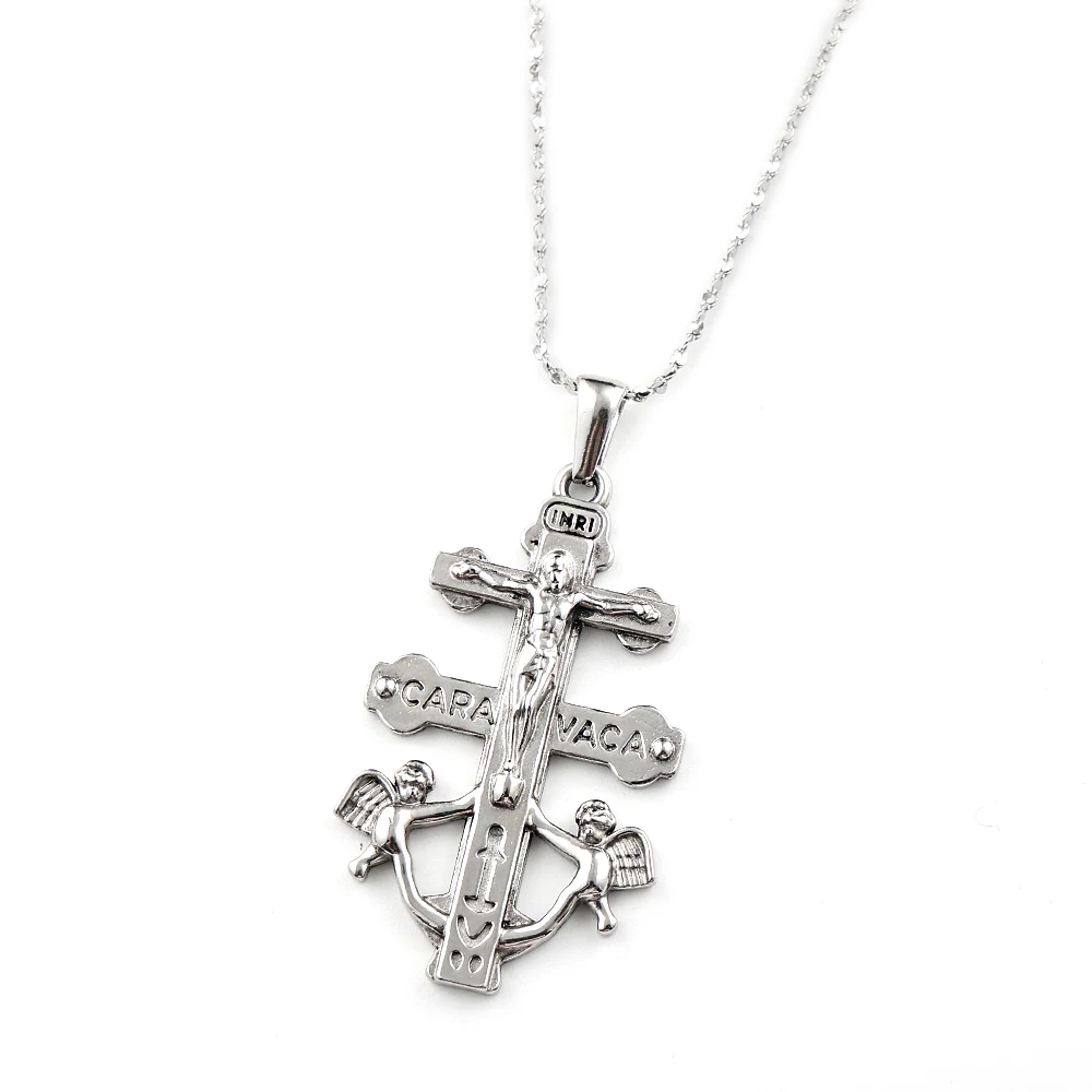 Catholic INRI Caravaca Cross Jesus Crucifix Cherub Angel Pendant Necklace for Women Men Stainless Steel Silver Color Jewelry