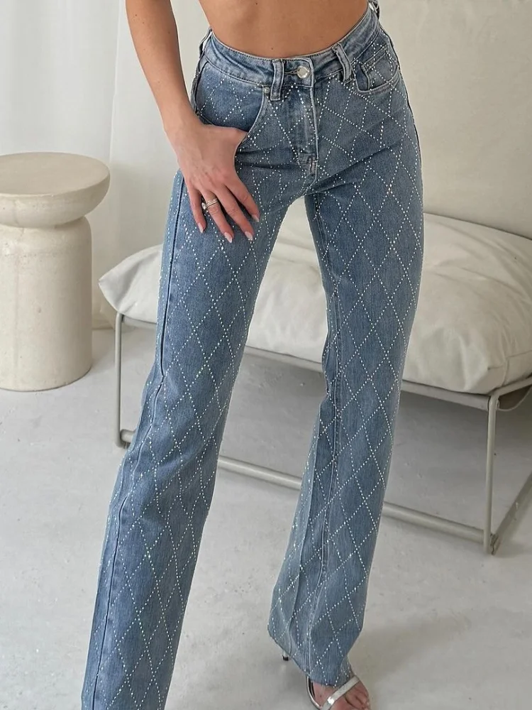 

Fashion Rhinestones Jeans Women High Waisted Zipper Pocket Slim Straight Leg Pencil Trousers Female 2025 Autumn Lady Outwears