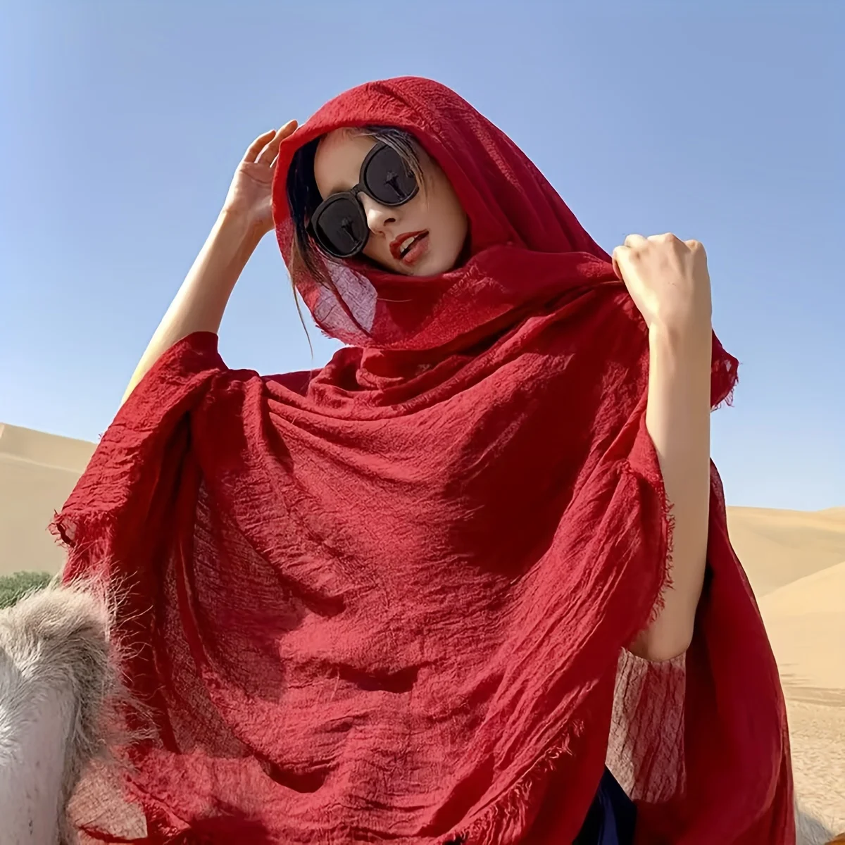 Bohème Style Solid Color Scarf, Lightweight Breathable Windproof Beach and Desert Travel Stole, Sun Protection Cloak