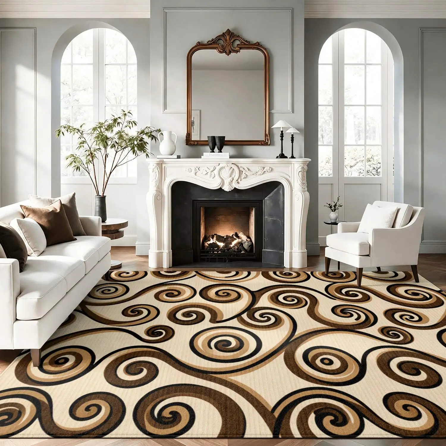 1Pc 2D Printed Carpet with Brown Beige Swirl Patterns Nordic, Modern Minimalist, European Style, Geometric Floor Mats for Home Decor, Multi-Size, Machine Washable, Suitable for Entrance, Dining, Foyer, Bedroom, Living Room.