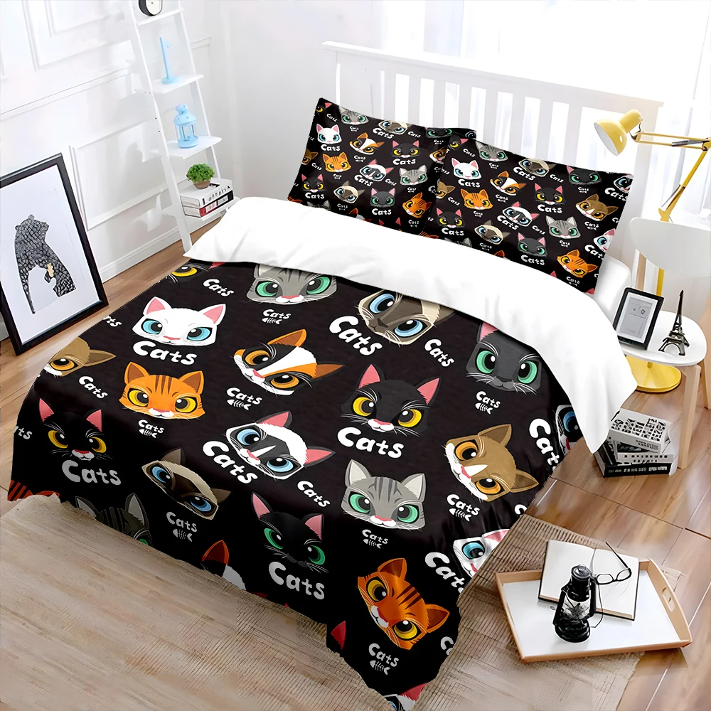 Cartoon cat head pattern background Print Bedding Set 1 Duvet Cover 2 Pillowcases for Adult and Children Luxury Gift Full Size