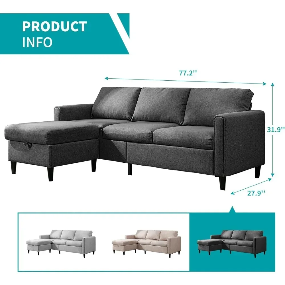 Reversible Sectional Couch Set with Flexible Storage Ottoman Chaise 3 Seat L Shaped  Sofa Couches for Living Room Apartment