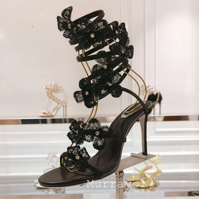 New Rhinestone Flower Decor Thin High Heels Sandalias Women Ankle Snake Shaped Elastic Strap Sandals Summer Party Dress Shoes