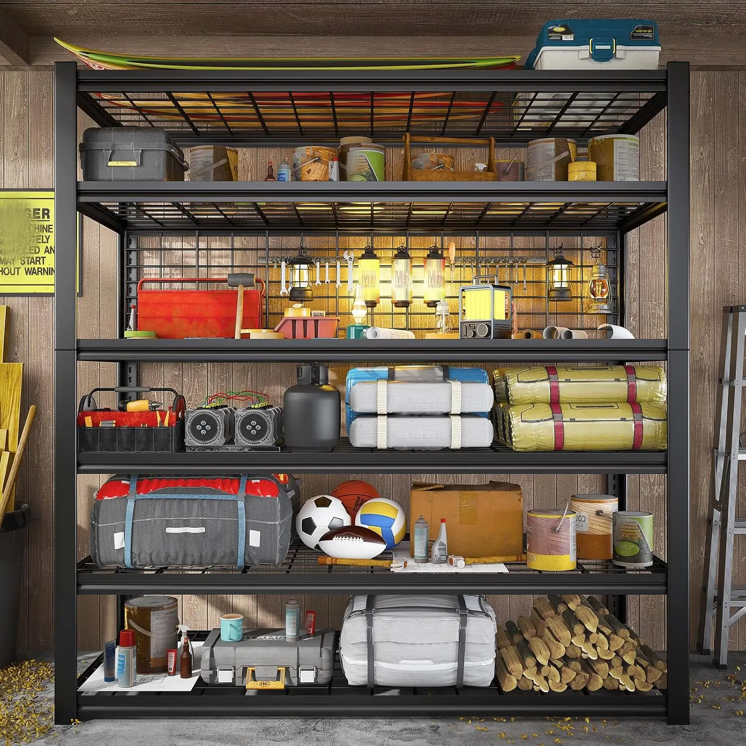 84インチ高さのガレージ棚、6段収納棚、耐荷重3500ポンドの頑丈なガレージ棚、幅48インチの調節可能なガレージ棚、金属製棚·大特価