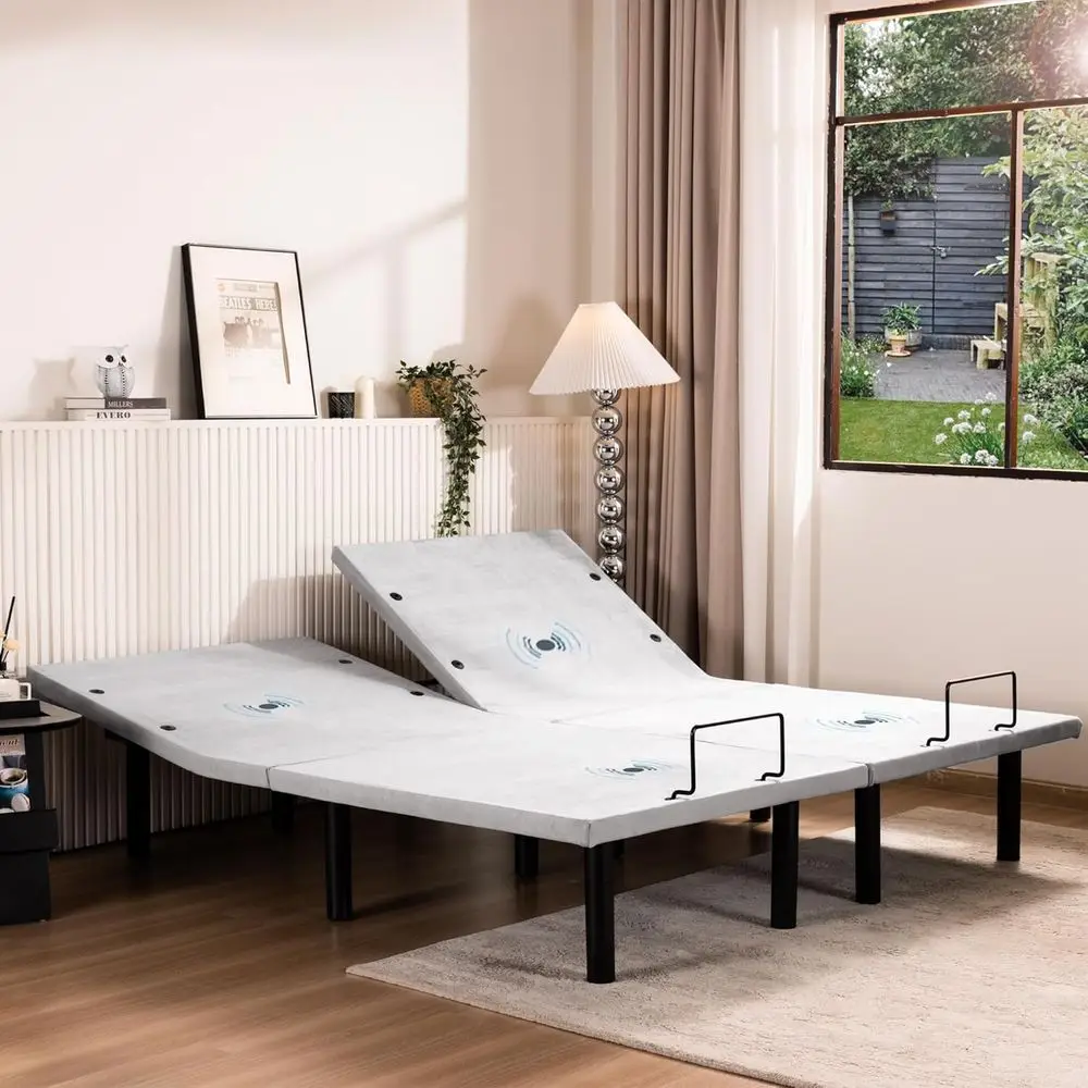 إطار سرير كهربائي قابل للتعديل باللون الرمادي Twin XL مع تدليك ومنافذ USB وإضاءة بدون جاذبية وإضاءة LED وتعديل الارتفاع المتزامن
