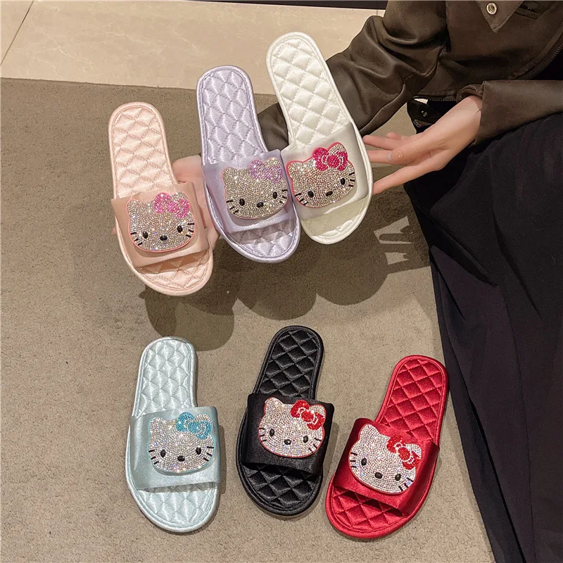 

Luxury Rhinestone Hello Kitty Slippers, Silky Satin Slip-On Design, Diamond-Encrusted Cartoon Ornament for Women Daily Home Wear