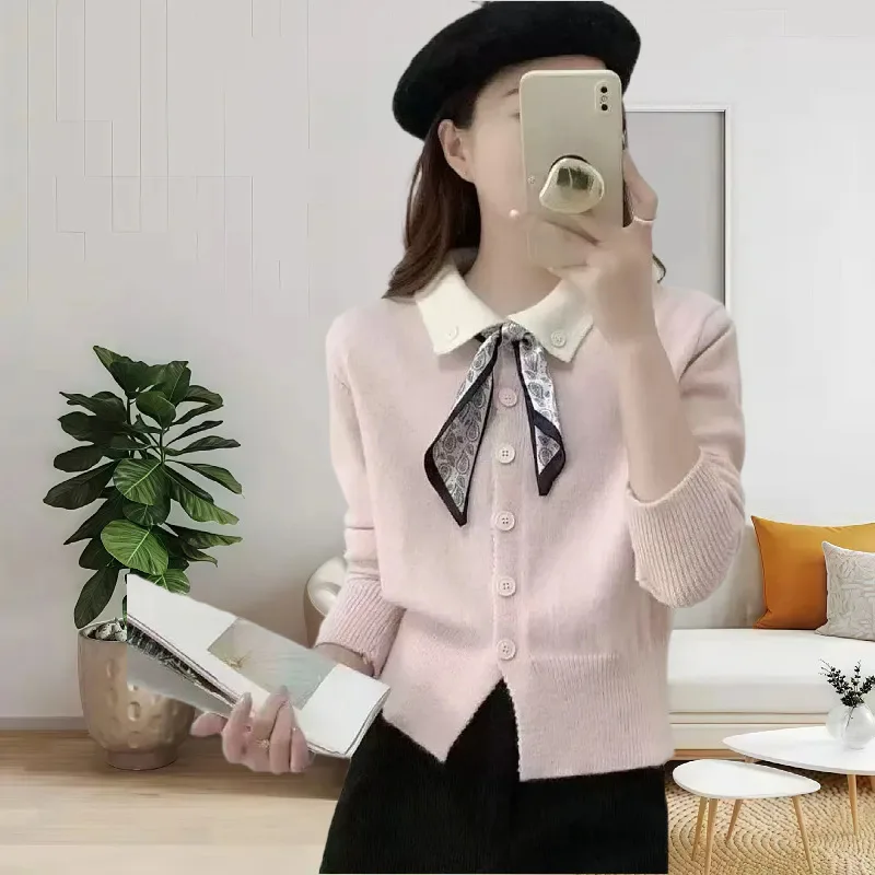 

New Long Sleeve Knitted Shirt for Women's Early Autumn 2025 Spring and Autumn New Silk Scarf Tie Up Cardigan Short Top