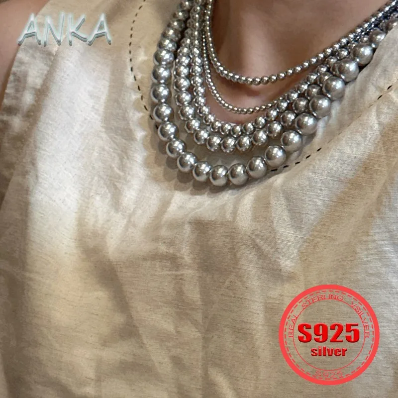 S925 Sterling Silver Korean Niche Real Multi Hemp Gray Necklace Fashion Basic Paragraph Pearl Texture Luster Collarbone Chain