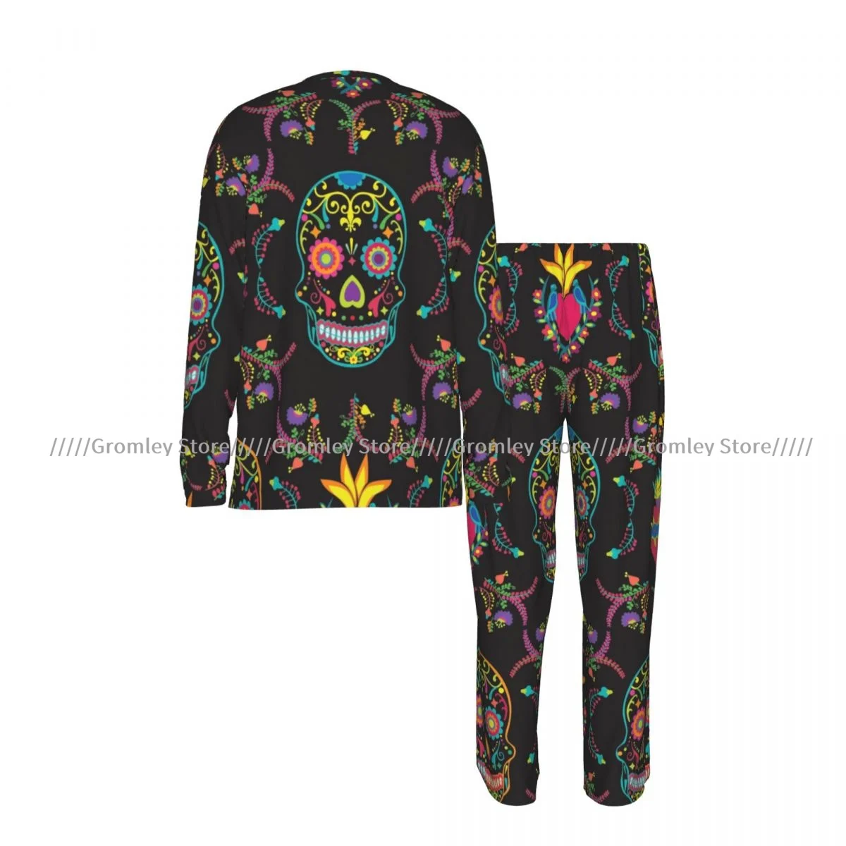 Men's Sleepwear Set Colorful Sugar Skulls Mexican Print Long Sleeve Top and Long Pants Pajamas Male Home Loungewear Nightwear