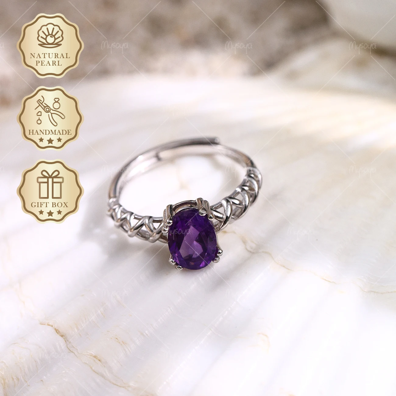 MYSOYA Hollow Ring with Natural Amethyst, 6×8mm Amethyst 1.35ct, Gift Box Included, February Birthstone SC07