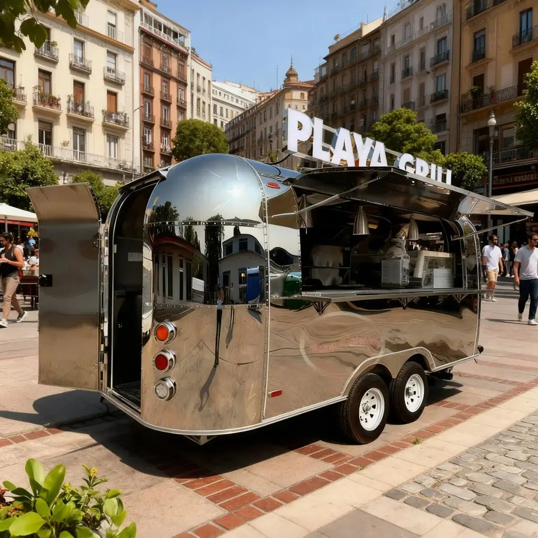 Outdoor Food Trailer Mirrored Stainless Steel Luminous Sign Roof Clear Eye-Catching Catering Business Mobile Kitchen Trailer