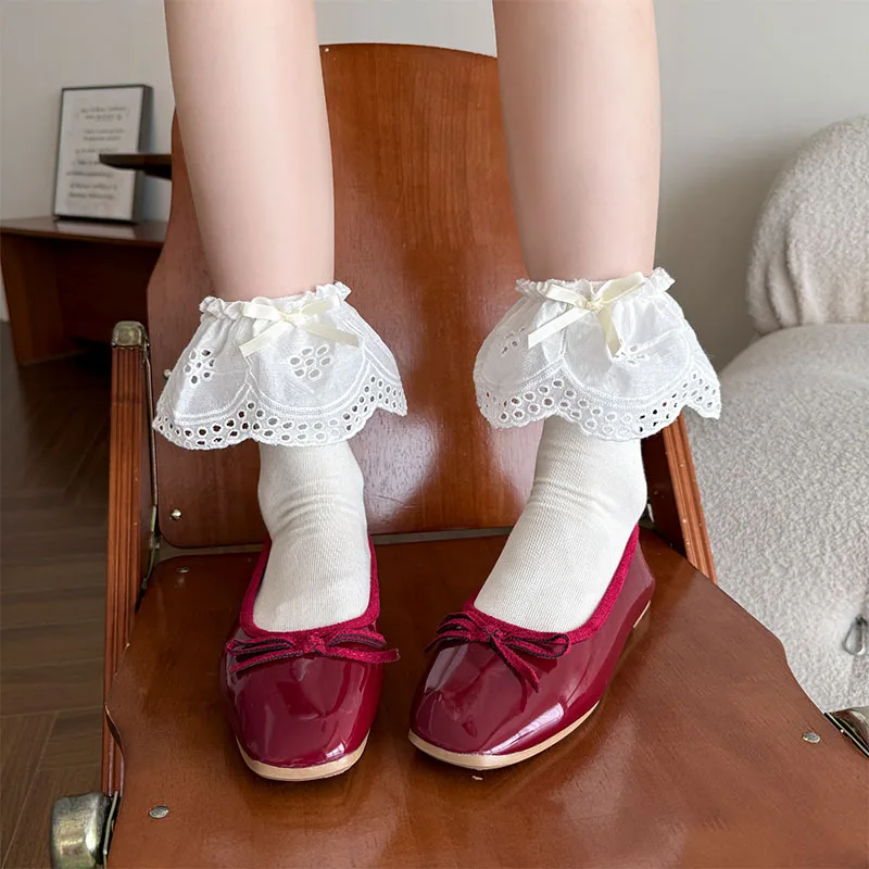 White Bow Lace Socks for Girl Cute Detailed Crew Length Socks,All-Match Korean Ins Style Socks for School Casual Daily Wear