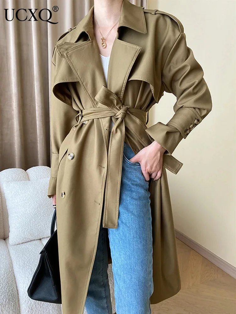 

UCXQ Fashion Trench Coat British Style Double Breasted Lace Up Waist Loose All Match Elegant Jacket Women 2024 Spring Autumn 995