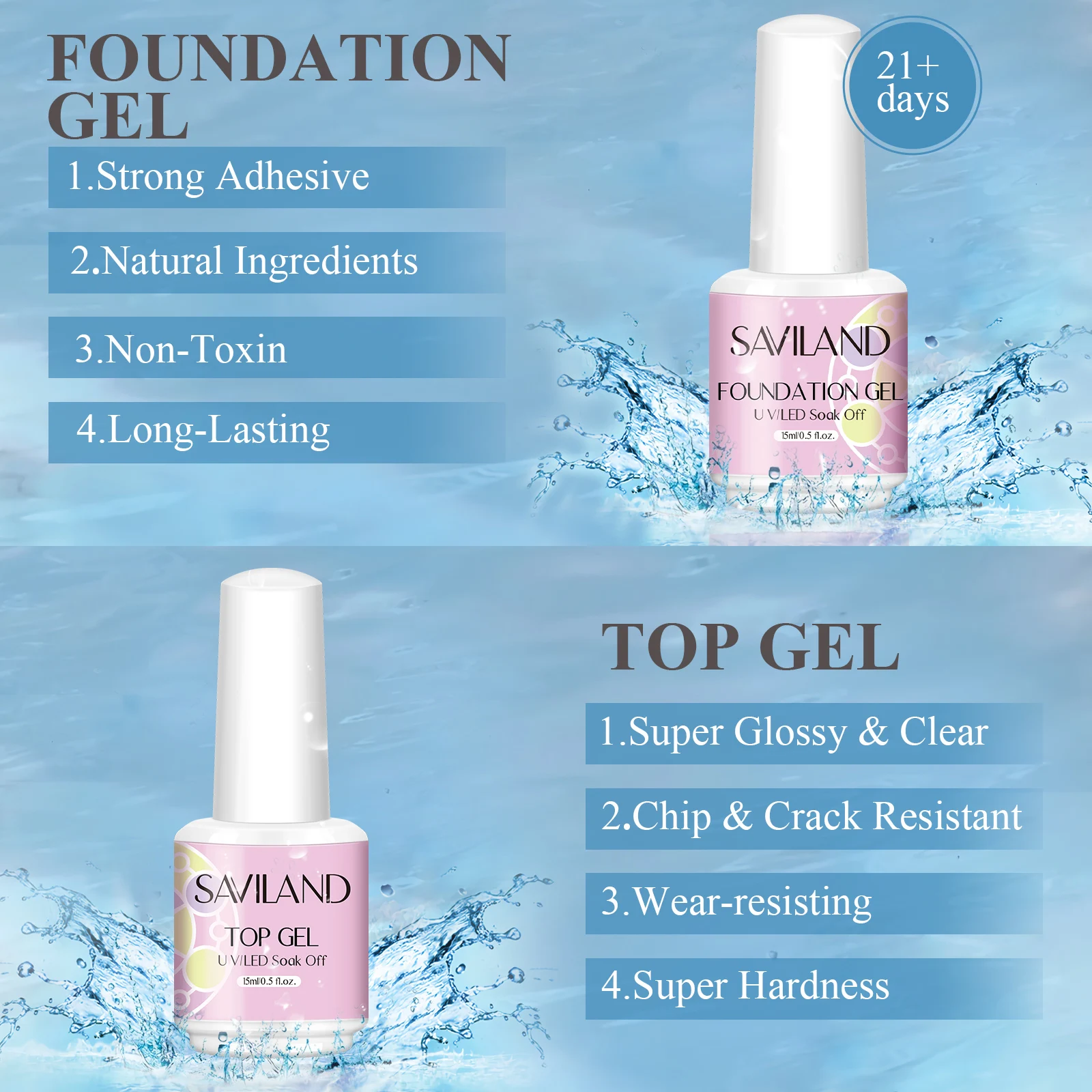 Saviland 2pcs 15ml Nail Polish Base and Top Coat No Wipe Clear Gel Semi Permanent Soak Off UV LED Nail Art Manicure Design Tool