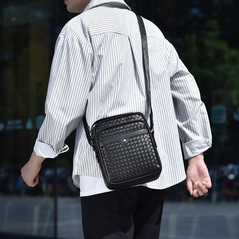 Fashion Diamond Lattice Woven Shoulder Bag Man\'s Bag Business Casual PU Leather Crossbody Bag Large Capacity