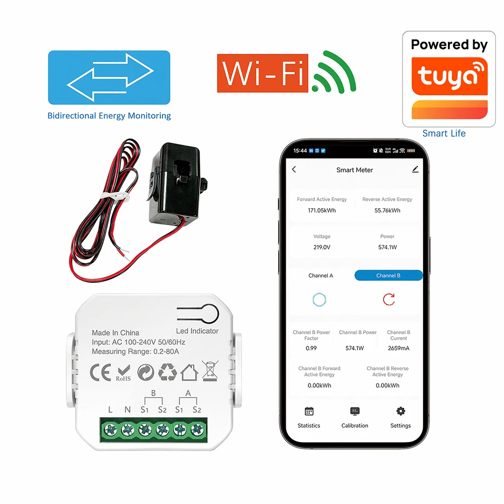 80A Tuya WiFi DIN-Schienen-Energiezähler AC 100-240V Intelligenter Stromzähler Spannungs- und Strommessgerät mit Stromwandler – Detail 1
