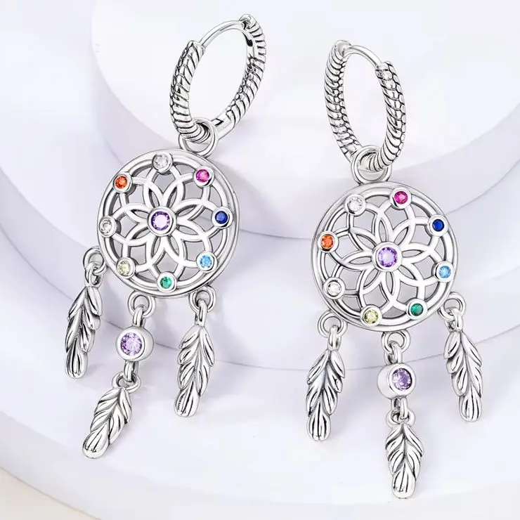 

925 Silver Earring For Women Dreamcatcher Feather Lady Drop Earring Fine Jewelry