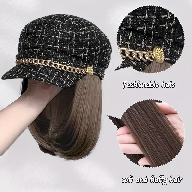 DUTRIEUX  Short Hair Synthetic Black Hat Wig Woman Small Fragrance Style Heat-resistant Wig Hat Hair Extension