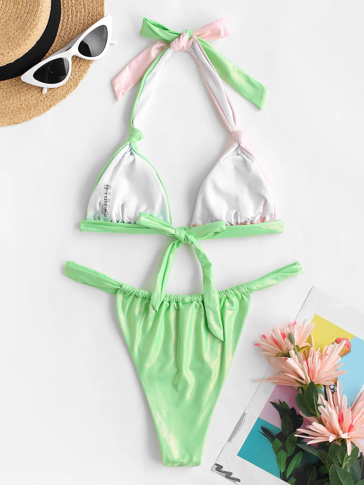 

ZAFUL Блестящий металлический купальник бикини с завязками и цветными блоками