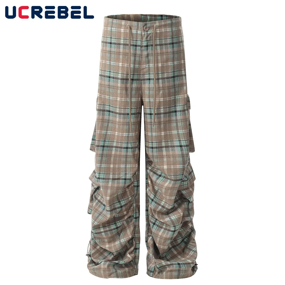 Pleated Plaid Cargo Pants Mens Pocket Hip Hop Streetwear Drawstring Elastic Waist Wide Leg Trousers Men