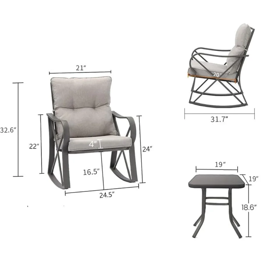 طقم بيسترو مكون من 3 قطع كراسي هزازة للفناء أثاث خارجي مع وسائد رمادية دافئة وطاولة زجاجية لحديقة حمام السباحة والفناء الخلفي #6
