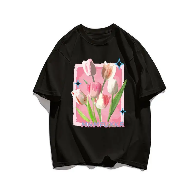 Rose Red Girl Style Harajuku Oil Painting Dreamy Tulip Print Female T Shirt Casual Summer Fashion Women Cotton Tees Tops 2022