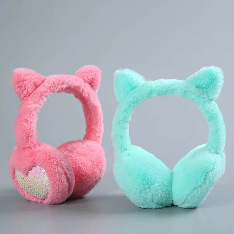 Autumn and Winter Cute Cat Ear Plush Earmuffs for Women, Reversible Sequin Heart Decoration, Cold-Proof Ear Protectors, Outdoor Snow-Proof Warm Earmuffs, Multi-Color
