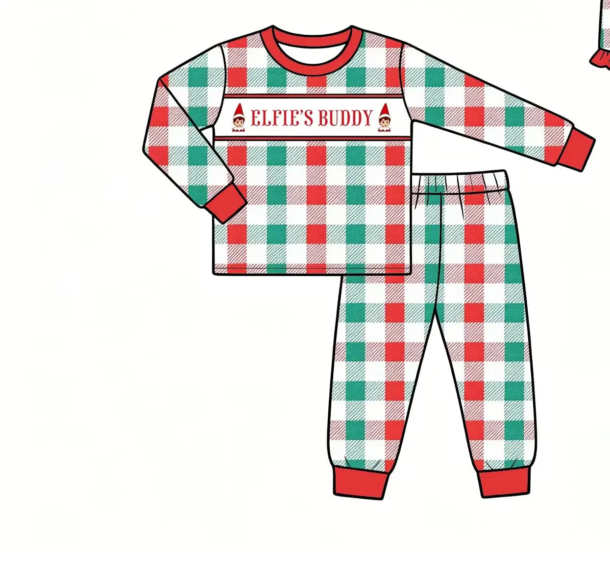 Boutique Toddler Kids Christmas Elfie's Buddy Elf Pajama Set Red Green Buffalo Plaid Long Sleeve Top Pants Outfits