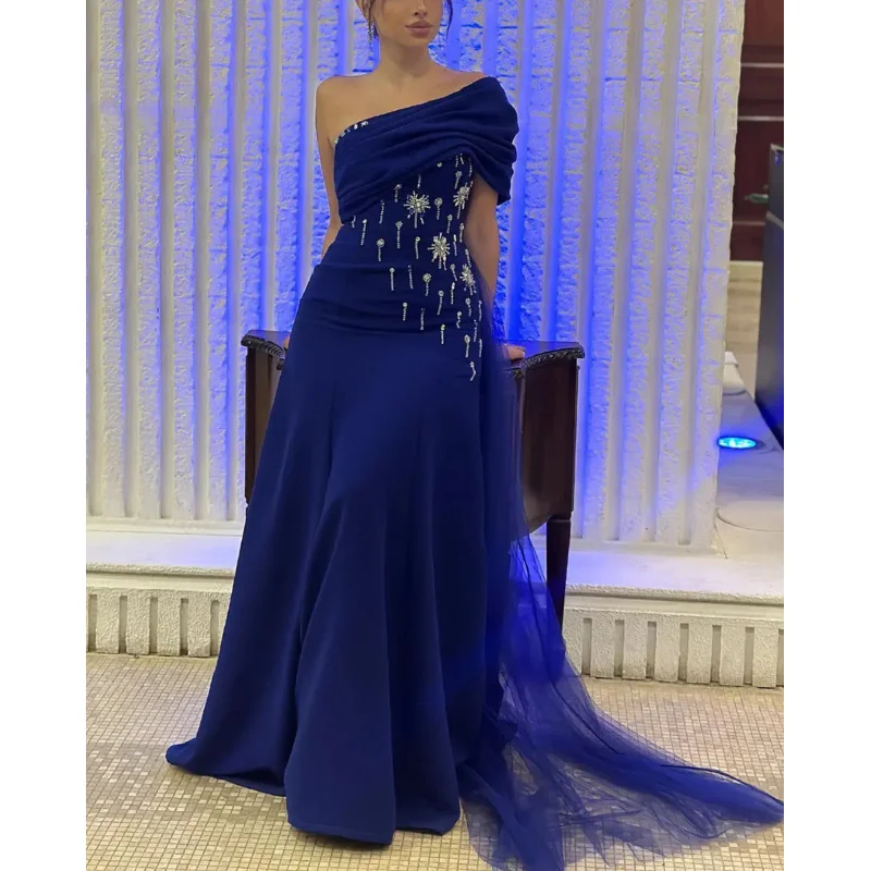 Indie Saudi One Shoulder Prom Gown Women Beaded Blue Party Evening Dress Floor Length Formal Occasion Dresses 2025 Customized