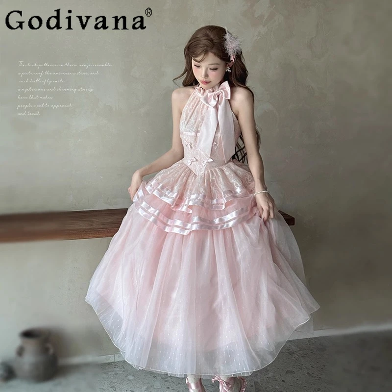 

Original Ballet Style Halter Mesh Stitching Long Dress French Elegant Sweet Bow Lace-up Off-Shoulder Lolita Dress Summer Dress