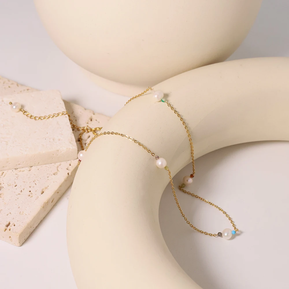 สร้อยคอไข่มุกธรรมชาติสแตนเลสชุบทอง18K สำหรับผู้หญิงสไตล์วินเทจเครื่องประดับสแตนเลส TN0013ของขวัญมาดาม