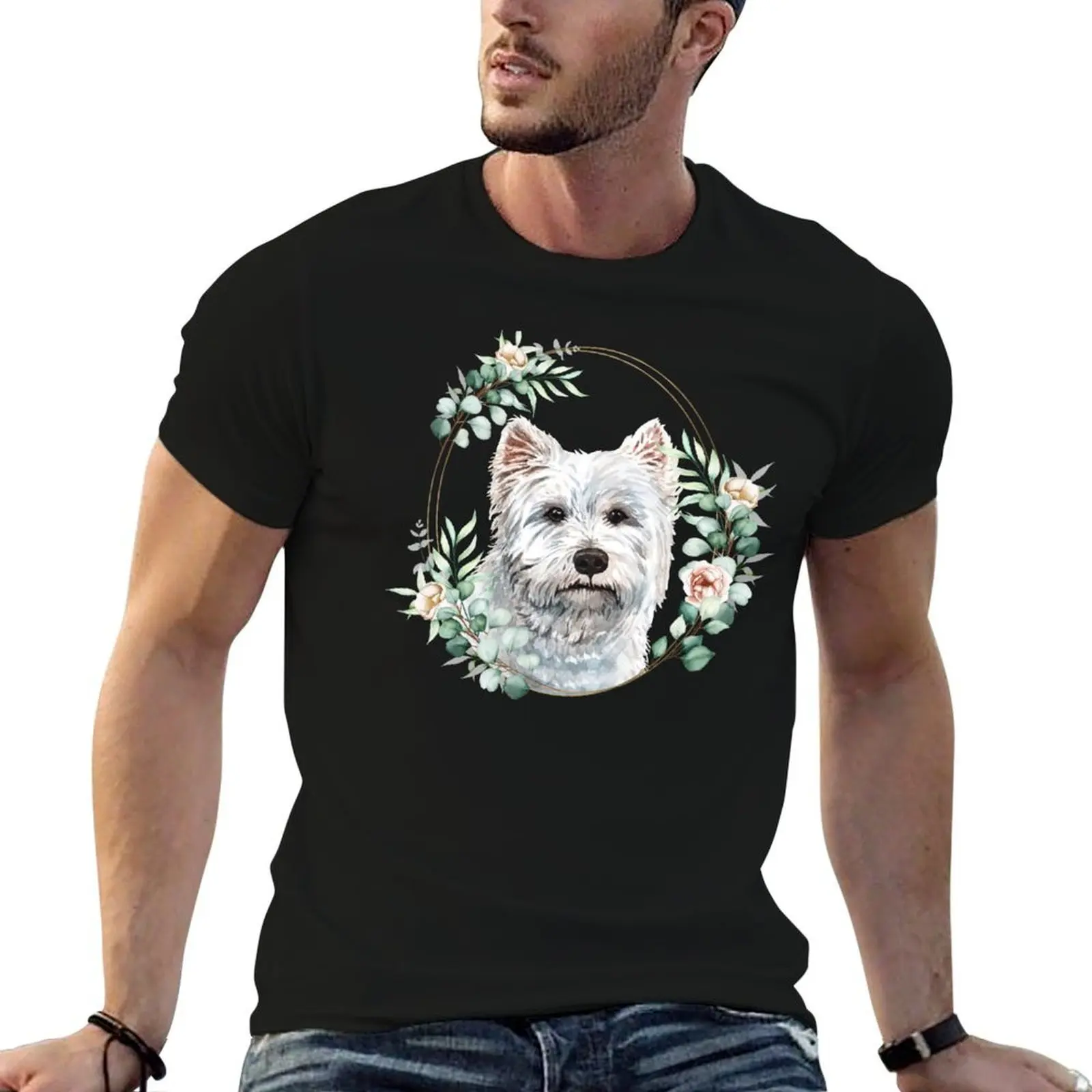 West Highland White Terrier Dog in a Floral Gold Wreath Frame T-Shirt custom t shirt Clothing mens designer clothes