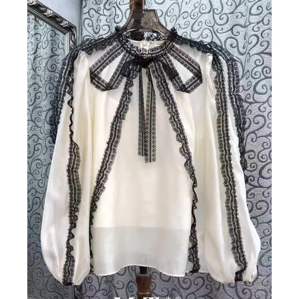 

2025 Spring/Summer Style Women's Vintage Fringed String Decorated Long-sleeve Loose Top