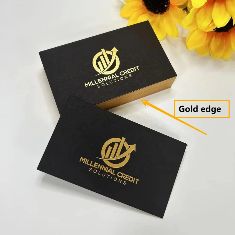 100PCS Thicken Black Paper Cards Gold Edge Customized Silver Gold Foil LOGO Name Card 500gsm