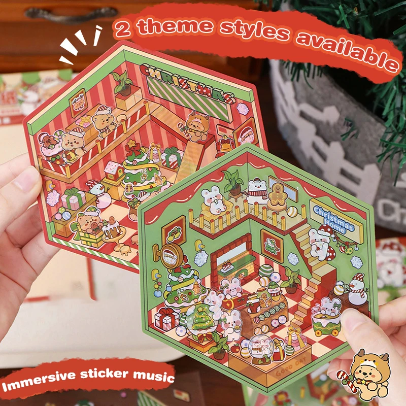 1Set Cartoon Christmas 3D Stickers Cute DIY Scene Landscaping Decoration Stickers DIY Decor Scene Stacking Pasting Stickers