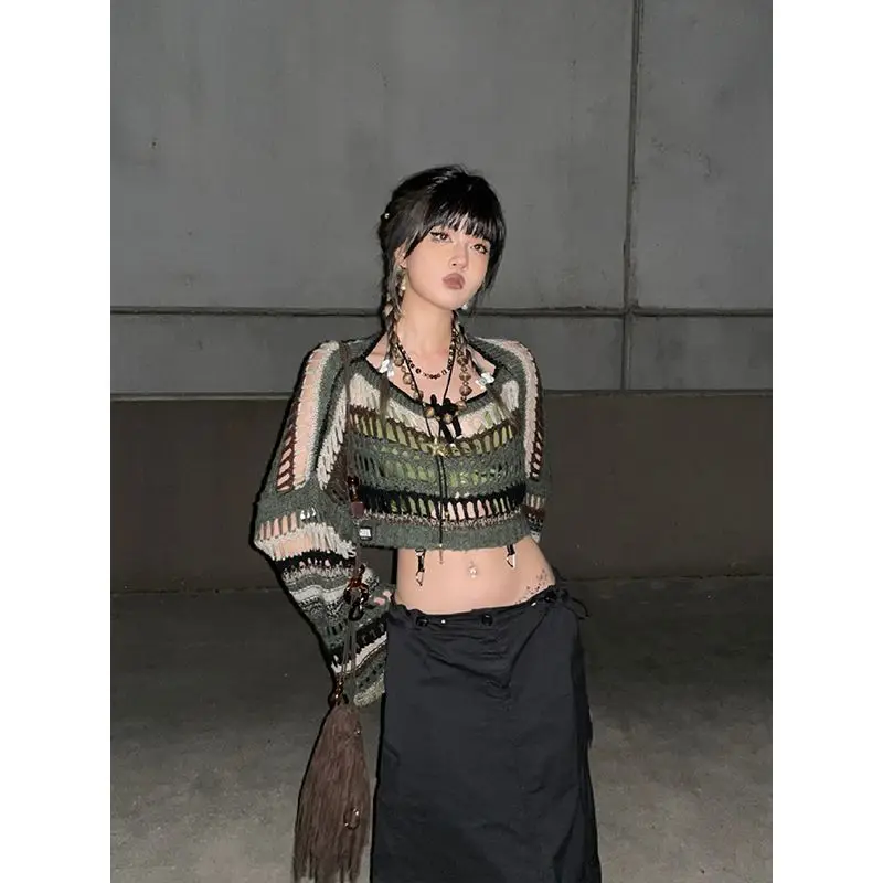 

Y2k Patchwork Striped Hollow Out Pullover Women Vintage Loose Versatile Cropped Sweater Autumn Spicy Girl Knitted Tops