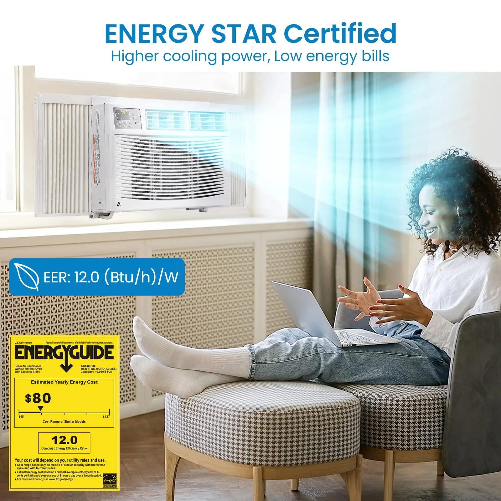 8000 BTU Window Mount Air Conditioner Energy Saving Quiet Cooling Unit For 350 Sq Ft Rooms LED Screen 24H Timer Sleep Mode Remote Control Easy Install Window