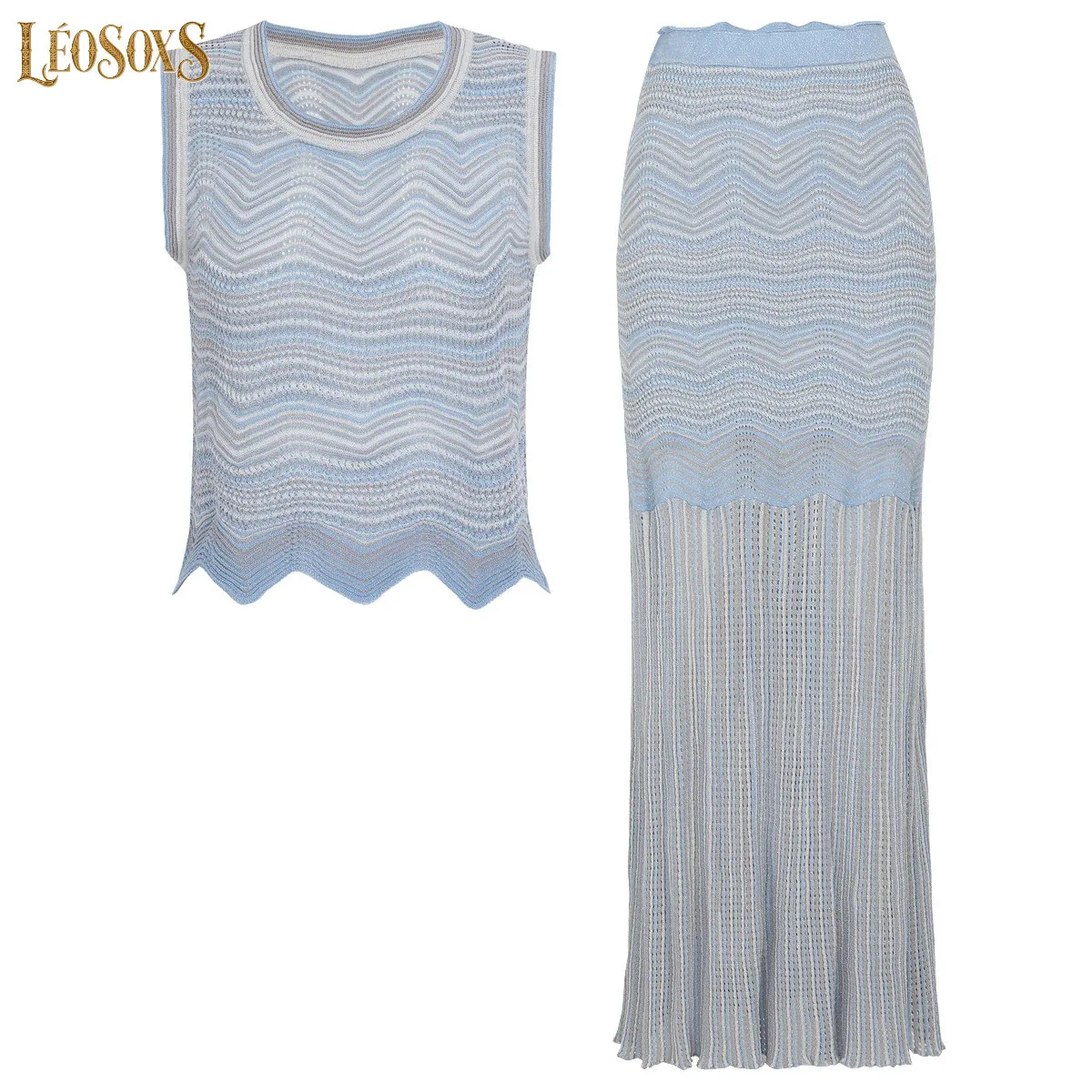 LEOSOXSNew Arrival Summer Women Casual TwoPiece Set Wave Pattern Round Neck ShortSleeve Knitted Top Matched Fashion Midi Skirt S