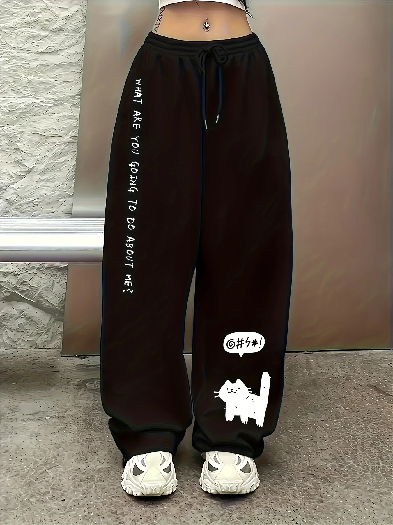 Cute cartoon cat pattern element printed casual sports pants, American casual trend women's straight leg pants