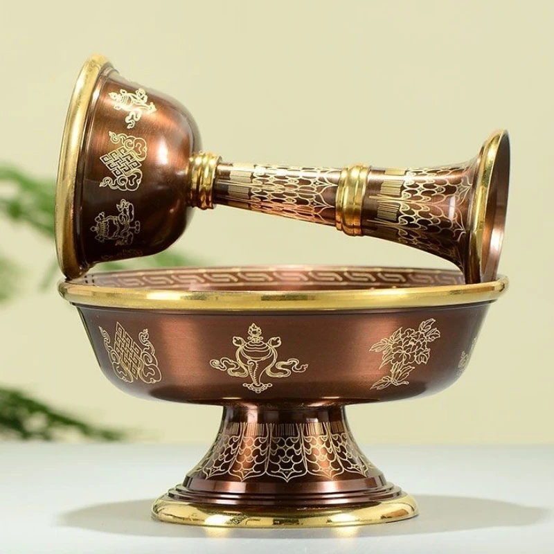 Tibetan Tribute Guardian Cup,Engraving Bronze Copper 2 Layer Handicraft Buddhism Holy Water Plate,Buddhist Religious Item,1Set