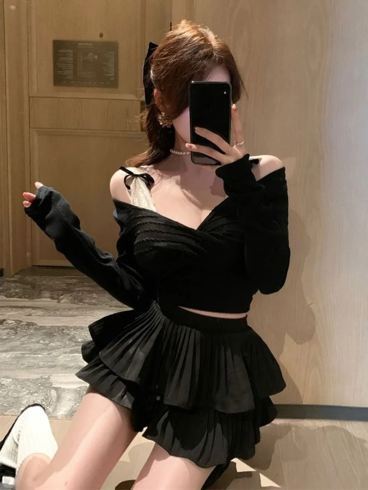 Camisetas Y2k de encaje de retales estéticos para mujer, camisetas de manga larga Grunge con agradable arco picante, ropa de calle recortada, camisetas ajustadas