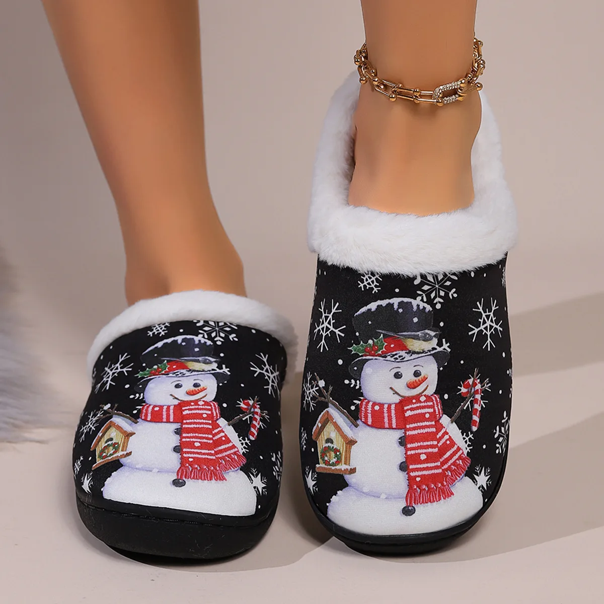 AAAChristmas Fashion Winter Christmas Snowman Slippers Flats Comfortable Fluffy Non-slip Warm Plush Zapatos De Mujer Slides Cute - Image 2