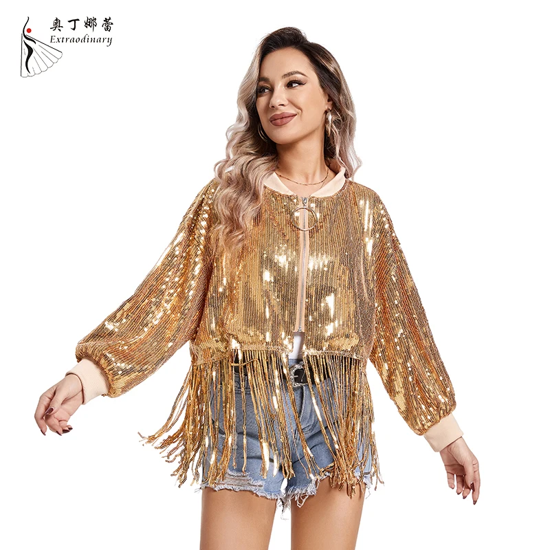 Women Sequins Tassel Jackets Blazer Outwear Tops Long Sleeve Jacket Sparkly Open Front Party Bomber Blazers